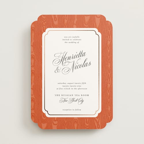 This is a pumpkin foil stamped wedding invitations with foil pressed by Studio Suku called moiré printing on signature in standard