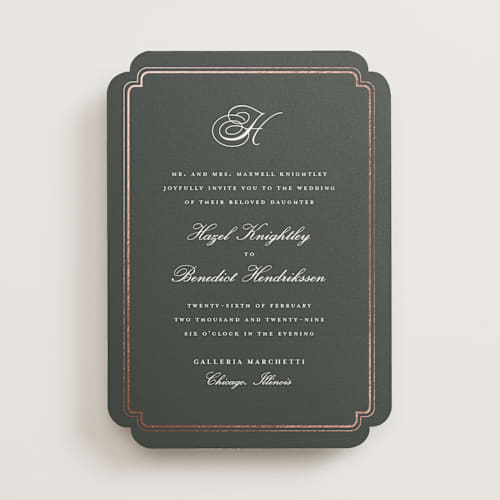 This is a charcoal foil stamped wedding invitations with foil pressed by chocomocacino called lussekatter printing on signature in standard