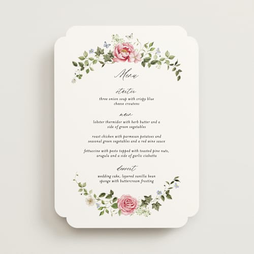 This is a peony menu cards with standard by Sarah Knight called ornate printing on signature in 5x7