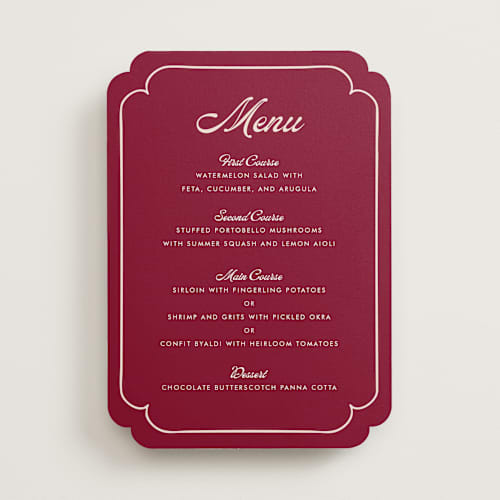 This is a garnet menu cards with standard by Morgan Kendall called victorian chic printing on signature in 5x7