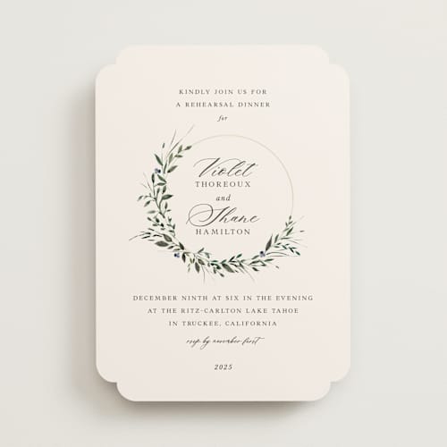 This is a champagne rehearsal dinner invitations with standard by Lori Wemple called green wreath printing on signature in standard