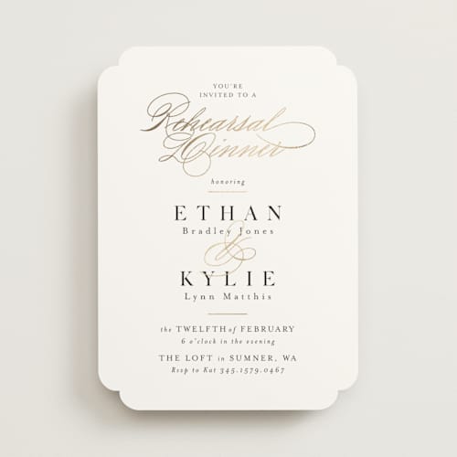 This is a alabaster rehearsal dinner invitations with foil pressed by Itsy Belle Studio called demi printing on signature in standard