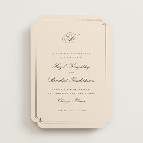 This is a bisque foil stamped save the date cards with foil pressed by chocomocacino called lussekatter printing on signature in standard