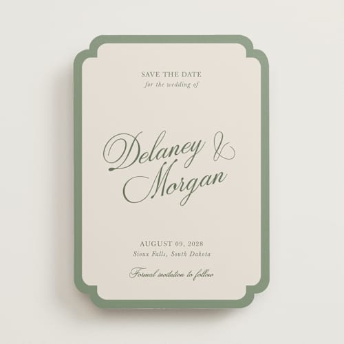 This is a olive save the date with standard by Cass Loh called classic bold border printing on signature in standard