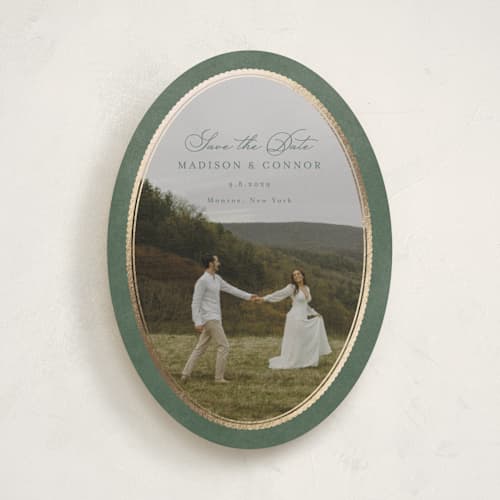 This is a rosemary foil stamped save the date cards with foil pressed by Emily Betts called vintage oval printing on recycled smooth signature in standard