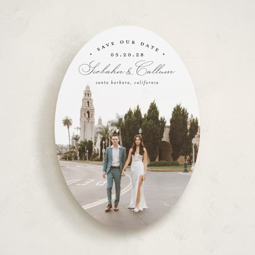 This is a onyx save the date with standard by Erica Krystek called arched type printing on recycled smooth signature in standard