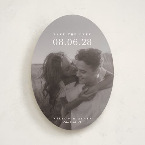 This is a moonstone save the date with standard by Lucrecia Caporale called classic big date printing on recycled smooth signature in standard