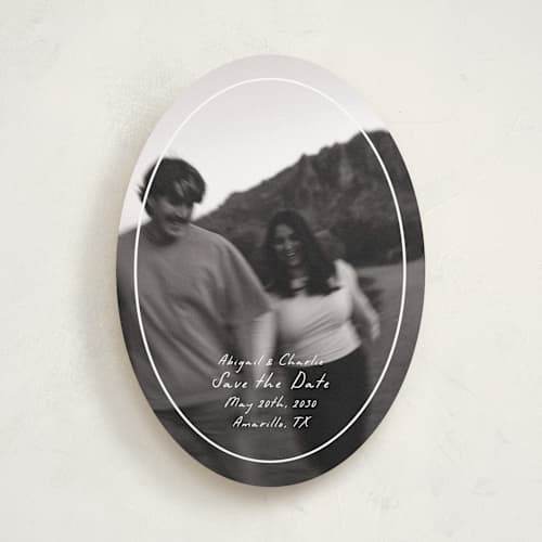This is a parchment save the date with standard by Nicole Walsh called oval frame printing on recycled smooth signature in standard