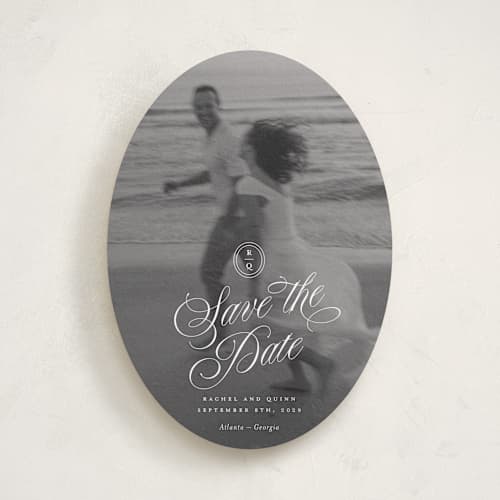 This is a ivory save the date with standard by Paper Raven Co. called vintage romance printing on recycled smooth signature in standard