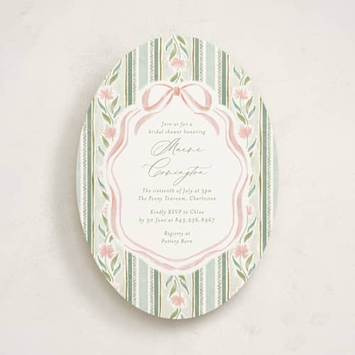 This is a moss bridal shower invitations with standard by Jackie Crawford called wildflower ribbon printing on signature in standard