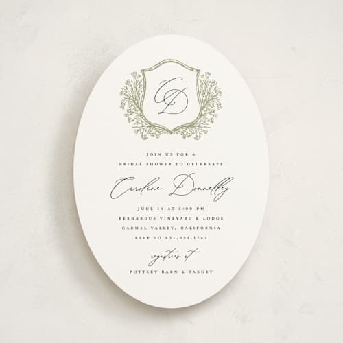 This is a olive bridal shower invitations with standard by Erin Deegan called traditional monogram printing on signature in standard