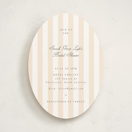 This is a peach bridal shower invitations with standard by Sara Hicks Malone called awning stripe printing on signature in standard
