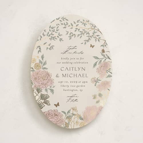 This is a blush meadow foil stamped wedding invitations with foil pressed by Grae called dancing in the garden printing on signature in standard