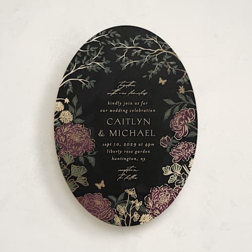 This is a midnight plum foil stamped wedding invitations with foil pressed by Grae called dancing in the garden printing on signature in standard