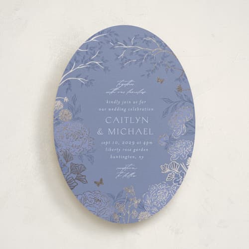 This is a evening periwinkle foil stamped wedding invitations with foil pressed by Grae called dancing in the garden printing on signature in standard