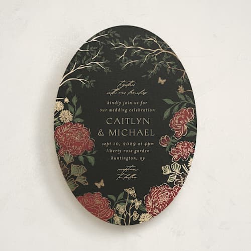 This is a royal garnet foil stamped wedding invitations with foil pressed by Grae called dancing in the garden printing on signature in standard