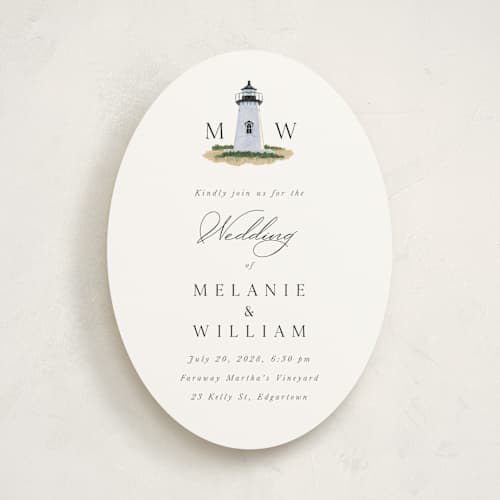 This is a snow wedding invitations with standard by Becky Nimoy called east coast lighthouse printing on signature in standard