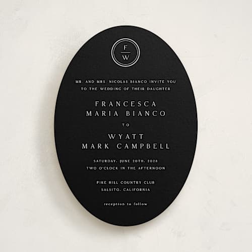 This is a ink wedding invitations with standard by Stacey Meacham called circle monogram printing on signature in standard