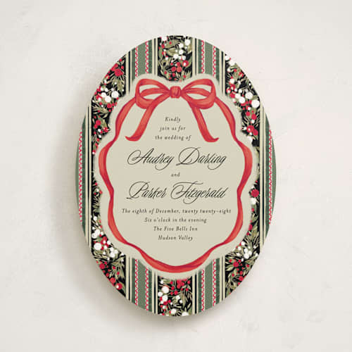 This is a ruby wedding invitations with standard by Jackie Crawford called holiday ribbon printing on signature in standard