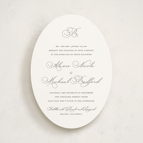This is a pearl wedding invitations with standard by Jennifer Postorino called initial printing on signature in standard