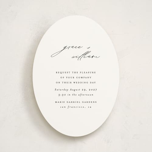 This is a cotton wedding invitations with standard by Angela Thompson called delicate script printing on signature in standard