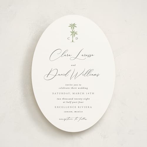 This is a leaf wedding invitations with standard by Olivia Raufman called palm monogram printing on signature in standard