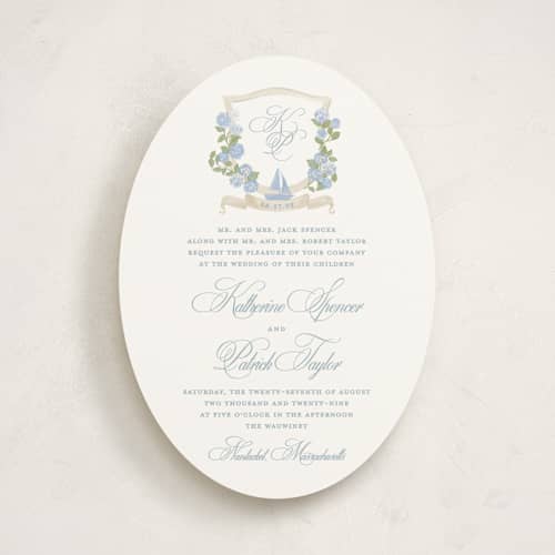 This is a ocean wedding invitations with standard by Creo Study called coastal crest printing on signature in standard
