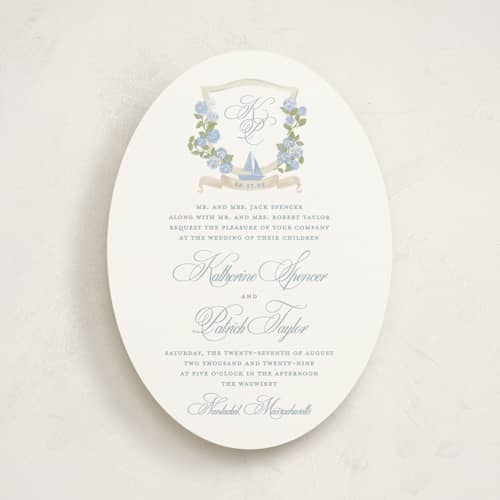 This is a ocean wedding invitations with standard by Creo Study called coastal crest printing on signature in standard