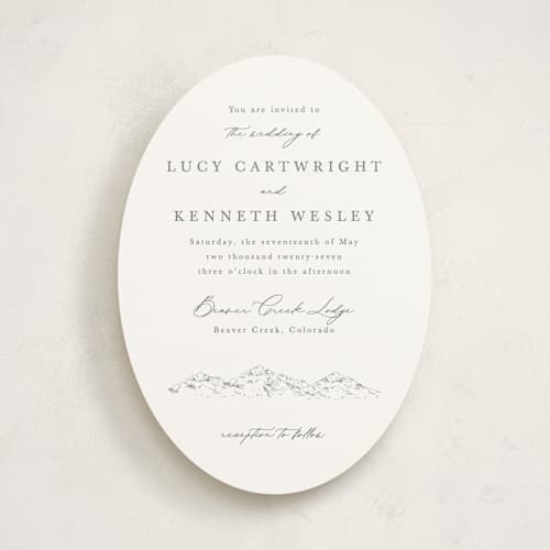 This is a pewter wedding invitations with standard by Sarah Brown called mountainview printing on signature in standard
