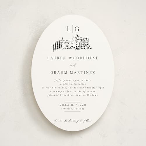 This is a noir wedding invitations with standard by Shiny Penny Studio called countryside villa printing on signature in standard