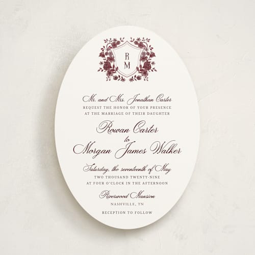 This is a burgundy velvet wedding invitations with standard by Cass Loh called blooming crest printing on signature in standard