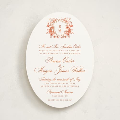This is a burnt terracotta wedding invitations with standard by Cass Loh called blooming crest printing on signature in standard