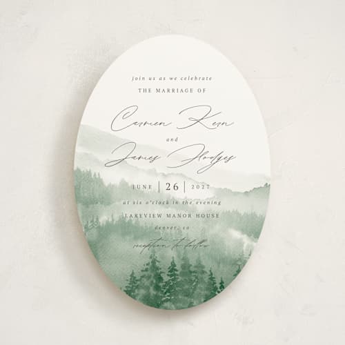 This is a fern wedding invitations with standard by Helen Halik called over the mountains printing on signature in standard