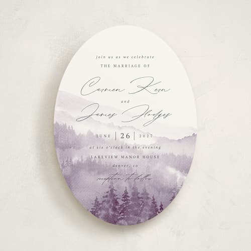 This is a lavender wedding invitations with standard by Helen Halik called over the mountains printing on signature in standard