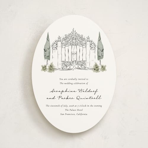 This is a forest wedding invitations with standard by Jackie Crawford called hand illustrated garden gate printing on signature in standard