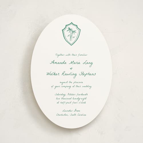 This is a palm wedding invitations with standard by Erika Firm called palm tree crest printing on signature in standard