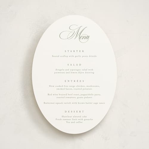 This is a garden menu cards with standard by Kelly Schmidt called chic script printing on signature in 5x7
