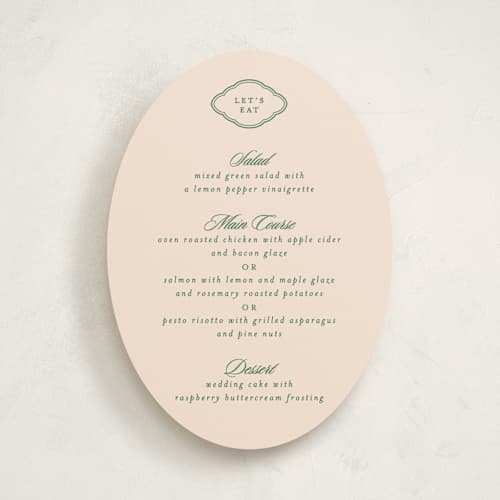 This is a emerald menu cards with standard by Creo Study called scripted printing on signature in 5x7