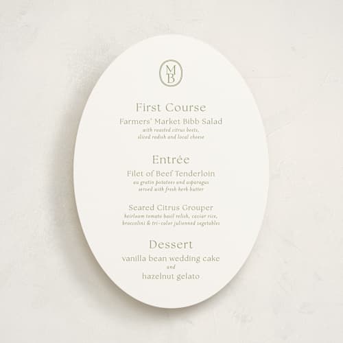 This is a moss menu cards with standard by Megan Davis called perriand printing on signature in 5x7