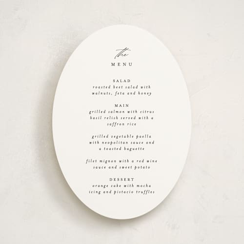 This is a cotton menu cards with standard by Angela Thompson called delicate script printing on signature in standard