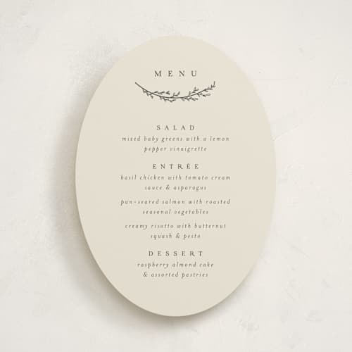 This is a almond menu cards with standard by Brianne Larsen called branched printing on signature in standard