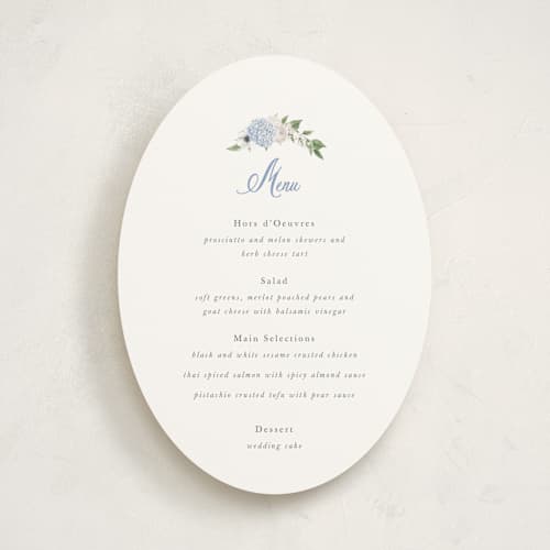 This is a periwinkle menu cards with standard by Design Lotus called sweethearts printing on signature in standard