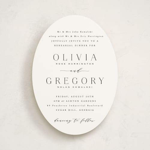 This is a lily rehearsal dinner invitations with standard by Hooray Creative called classy type printing on signature in standard