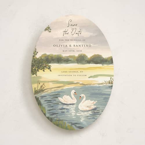 This is a lake save the date with standard by Teju Reval called dreamy pond printing on signature in standard