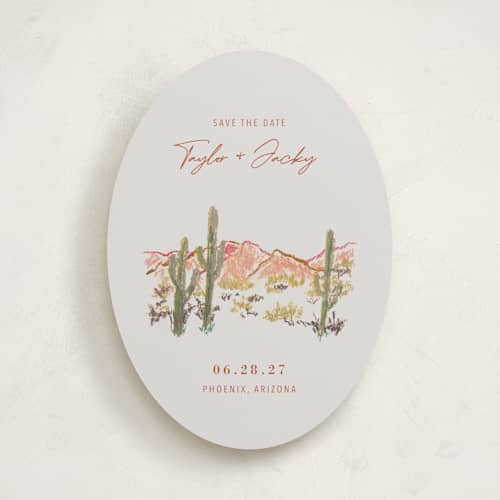 This is a burnt sienna save the date with standard by Cass Loh called desert crayon drawing printing on signature in standard