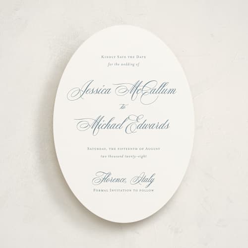 This is a dusty blue save the date with standard by Jennifer Postorino called empire printing on signature in standard
