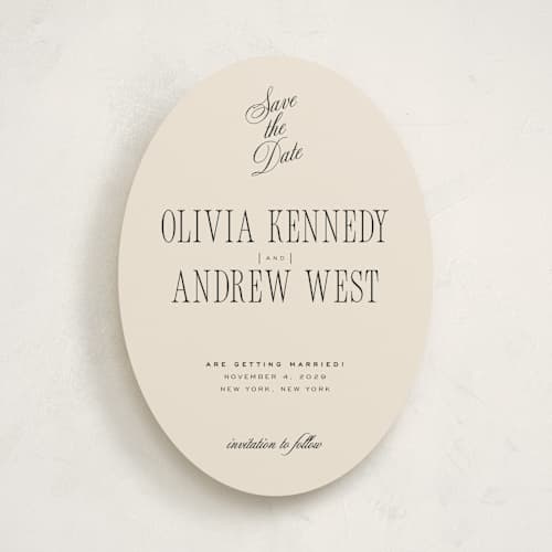 This is a almond save the date with standard by Eric Clegg called modern romance printing on signature in standard