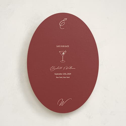This is a burgundy save the date with standard by Helena Vitto called elizabeth printing on signature in standard