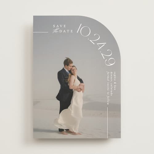 This is a pearl save the date with standard by Brooke Chandler called curved date printing on recycled smooth signature in standard