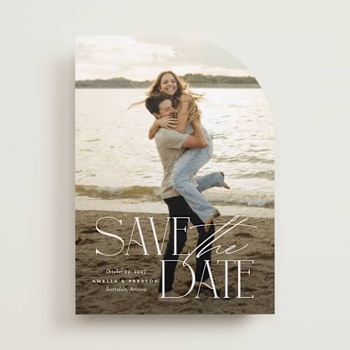 This is a sugar save the date with standard by Jessica Williams called stacked class printing on recycled smooth signature in standard